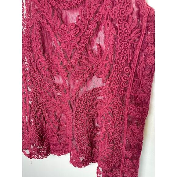 Express Sheer Lace Top Womens Medium Embroidered Whimsical Fairy Burgundy Blouse - Picture 8 of 12